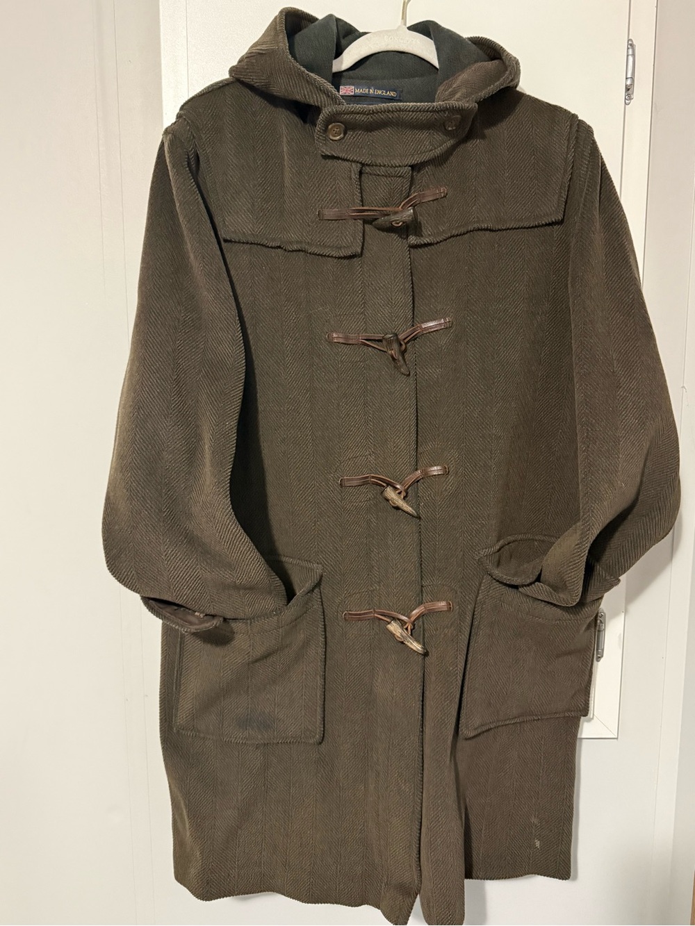 Gloverall Vintage Y2K Wool Herringbone Hooded Toggle Pea Coat in Olive Brow